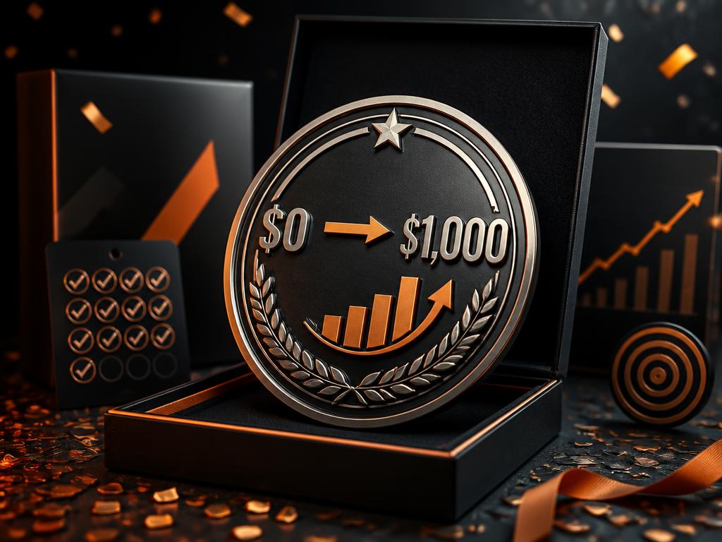 Mockup del reto $0 a $1,000 con medalla de logro y elementos de progreso