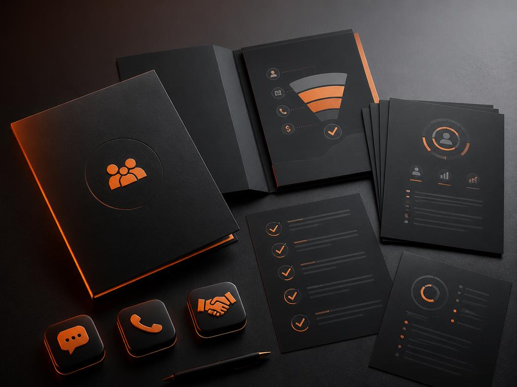 Mockup del Client Acquisition Kit con carpetas, plantillas y documentos de venta