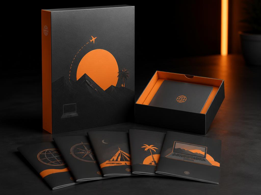 Mockup del Digital Nomad Starter Kit con caja premium, cuadernos y recursos de viaje