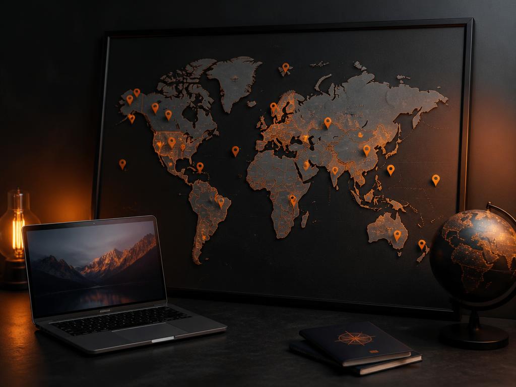 Mockup del World Nomad Map con mapa mundi, laptop y globo terráqueo